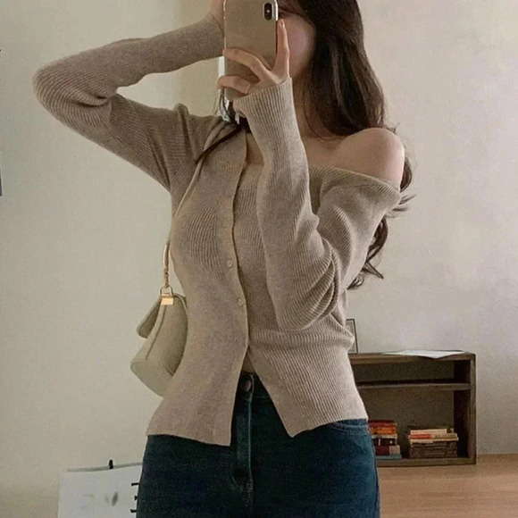 Mocha Brown Casual Womens Solid Asymmetrical Neck Button Through Ribbed Knit Ca… - Picture 5 of 5